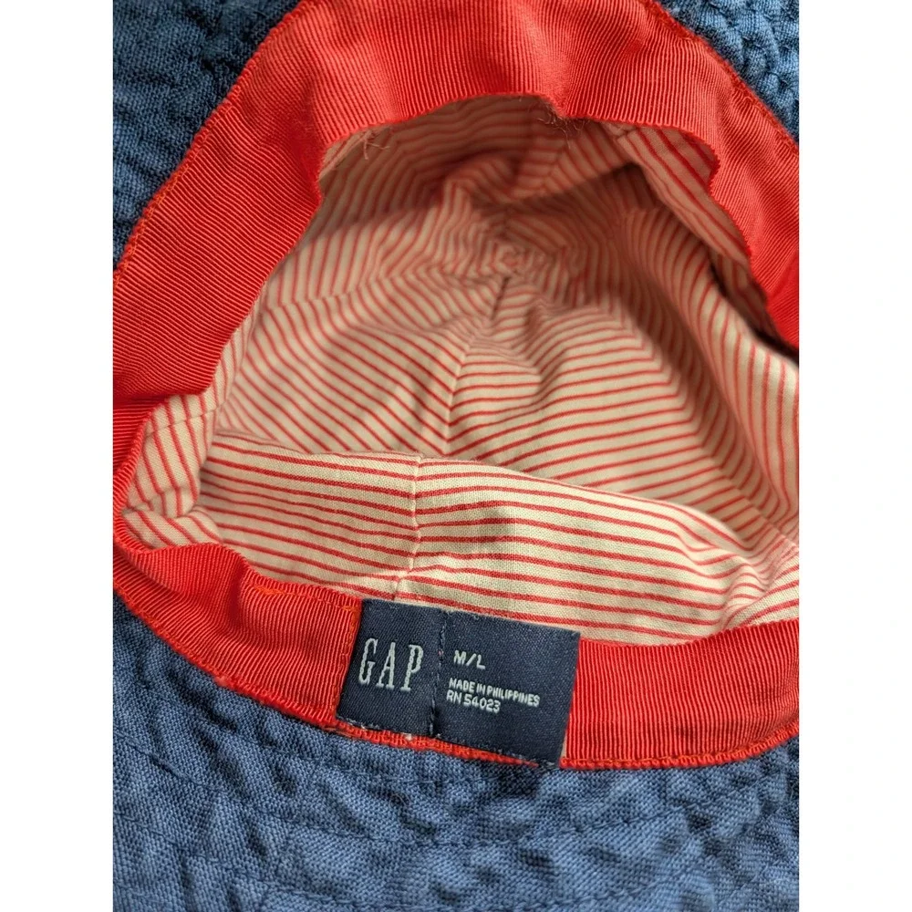 Vintage Gap Blue Textured Wide Brim Sun Hat Raw Hem Red Striped Lining Women M/L